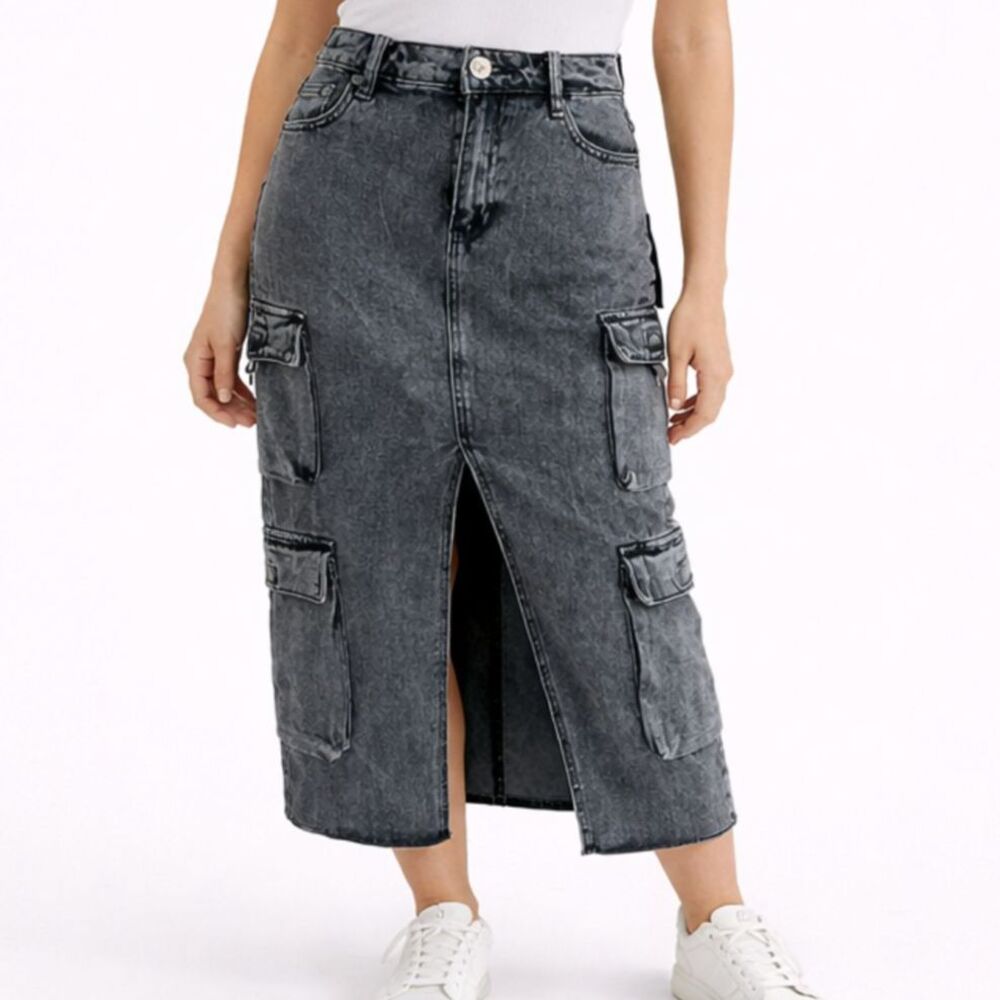 True Religion Vintage Cargo Midi Skirt Stonewash Utility Charcoal 25